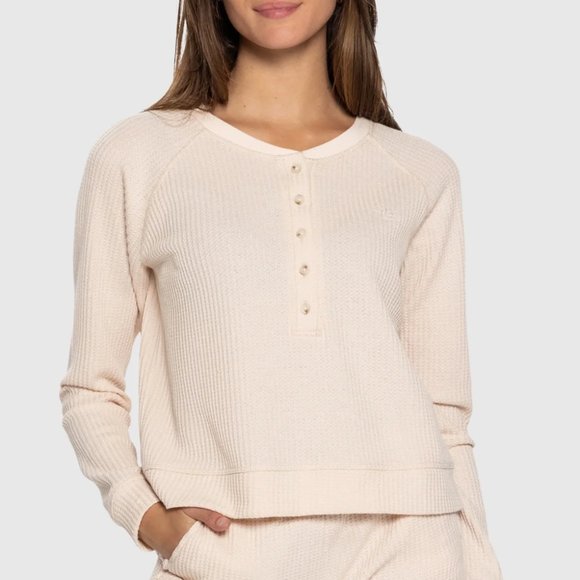 NWOT Team LTD Pale Peach Waffle Long Sleeved Henley Style Top Size Medium - Picture 1 of 9